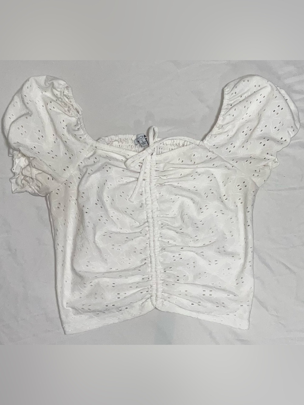 Eyelet Crop Top with Drawstring Front Sweetheart Neck Puff sleeves size L